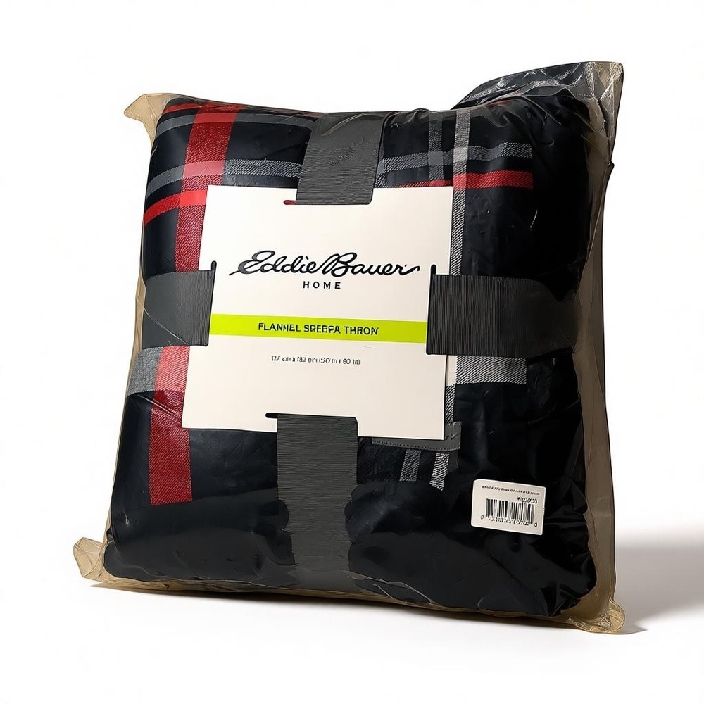 NEW Eddie Bauer Cotton Flannel/Shearling Reverse Throw Blanket Winslow Grey/Red